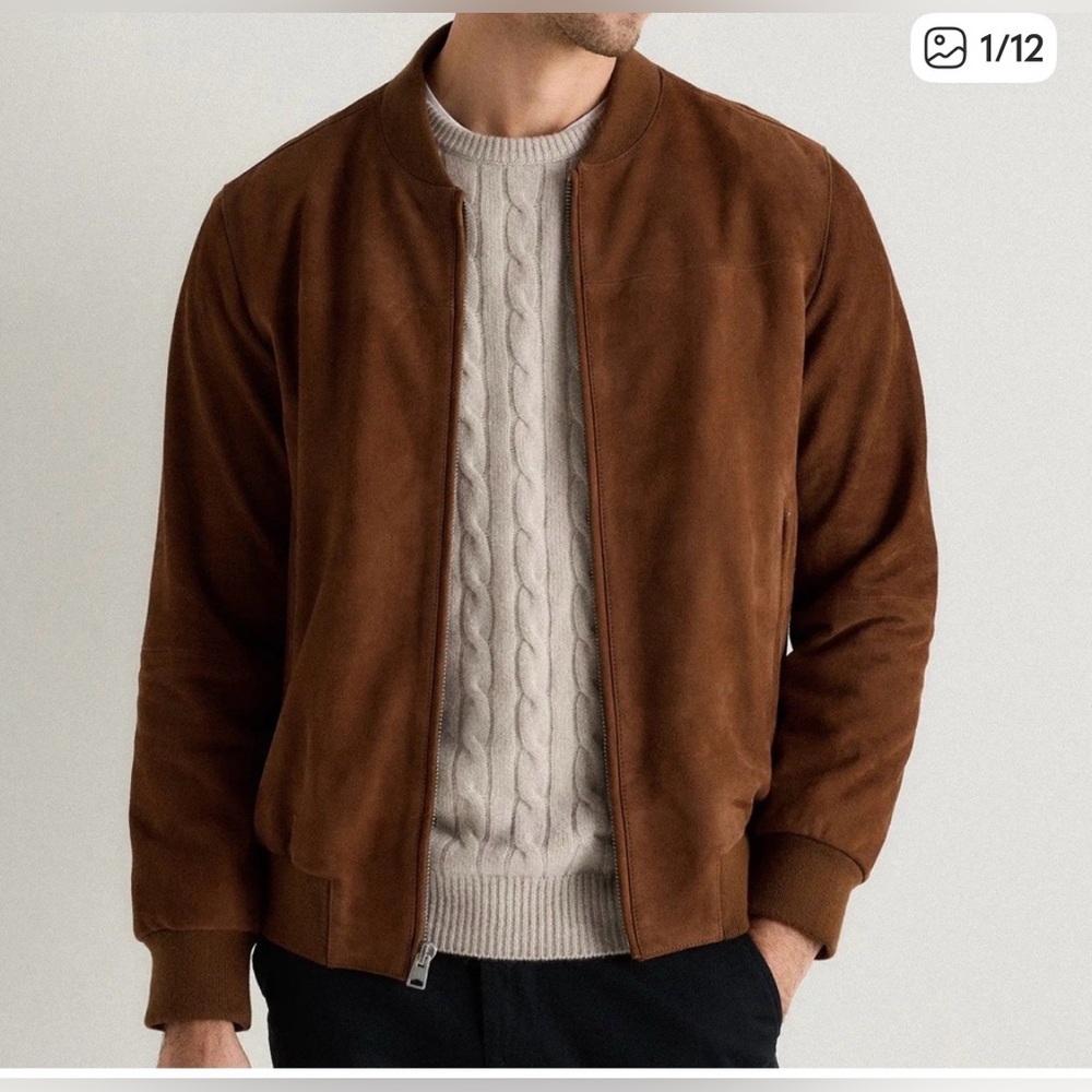 Quince Men's Chestnut Brown Goat Suede Bomber Jacket Size MED SOLD out‎ on line!